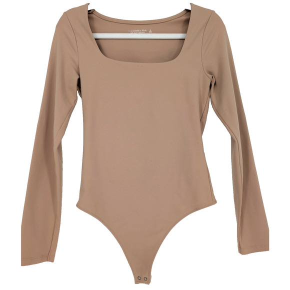Abercrombie & Fitch Soft AF Tan Square Neck Long Sleeve Bodysuit SML Balletcore - Picture 3 of 7